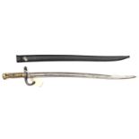 A French 1866 Chassepot bayonet, in its sheath. FC (the sheath pitted and painted, the blade heavily