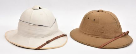 A Royal Naval officer's white tropical helmet, silk puggaree with blue line to the top, leather