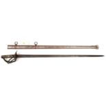 A French heavy cavalry broadsword, straight double fullered blade 37½", marked "Manufre..(