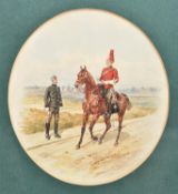 A watercolour by Orlando Norie of a mounted officer of The King's Dragoon Guards, in full dress