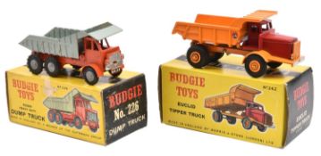 2 Budgie Toys Trucks. A Foden Heavy Duty Dump Truck (228). In orange and light grey livery. Plus a