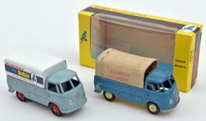 2 Budgie Toys Volkswagen Pick-Up Trucks. An example in mid blue with canvas rear load cover with '