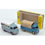 2 Budgie Toys Volkswagen Pick-Up Trucks. An example in mid blue with canvas rear load cover with '