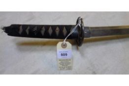 A Japanese sword wakizashi, blade 21”, pierced disc pommel, black thread bound hilt. QGC