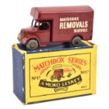 A Matchbox Series Bedford Removals Van No.17. An example in maroon with gold radiator, 'Matchbox