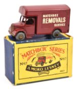 A Matchbox Series Bedford Removals Van No.17. An example in maroon with gold radiator, 'Matchbox