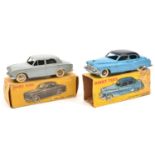 2 French Dinky Cars. A Peugeot 403 (24B) in grey with ridged plated wheels and white tyres. Plus a