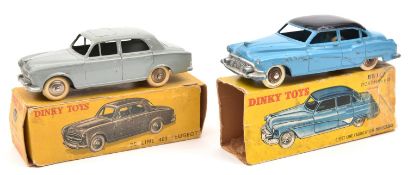 2 French Dinky Cars. A Peugeot 403 (24B) in grey with ridged plated wheels and white tyres. Plus a