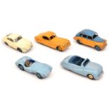 5 Dinky Toys. Aston Martin DB3 in blue with dark blue interior and wheels. Porsche 356A in light