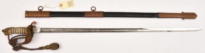A post 1902 R Naval officer's sword, straight fullered blade 31”, by “Stumbles & Son, Fore Street,