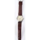 Mulco wristwatch. Plated case, brushed finish, wear to plating, 32mm without crown. Screw