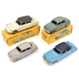 4 French Dinky Toys. Citroen DS19 (24C). Example in ivory with black roof, boxed. 2x Simca 9