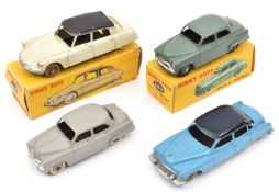 4 French Dinky Toys. Citroen DS19 (24C). Example in ivory with black roof, boxed. 2x Simca 9