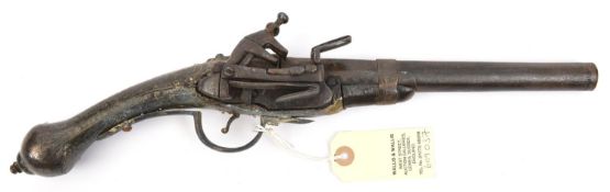 A 20 bore Balkan miquelet flintlock holster pistol, 15” overall, barrel 8½” with traces of