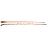 A slender malacca walking cane, cord woven/bound, knopped grip, brass ferrule, 33” overall; and a