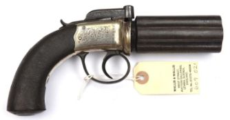 A 6 shot 60 bore self cocking bar hammer percussion pepperbox revolver, by Beattie, London, 8½”