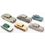 6 Dinky Toys. Triumph Vitesse in light metallic green with white flash. Triumph Herald in dark green