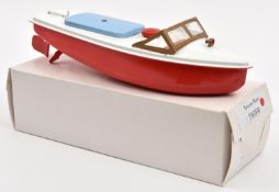 A very late issue Sutcliffe tinplate Tiger clockwork Speed Boat. In white and bright red livery,