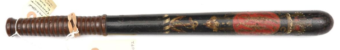 An early Vic Edinburgh special constable's black painted truncheon, bearing a polychrome VR cypher