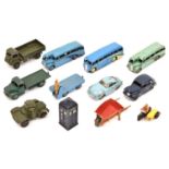 12 Dinky Toys. 2x Half Cab Buses, BEV Truck, Porsche 356A, Fordson Flatbed, AA Motorcycle Patrol,