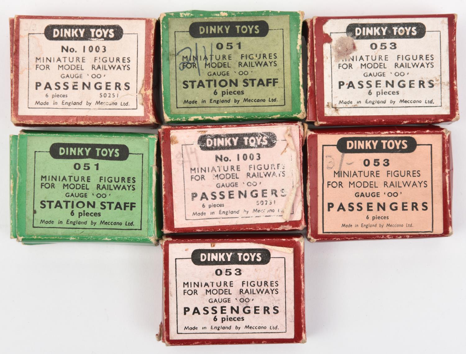 7 Dinky Toys Passengers and Station Staff packs of figures, for use on Hornby Dublo Railway layouts.