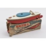 A very early issue Sutcliffe tinplate clockwork RACER 1 speed boat. In white and red livery, with