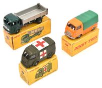 3 French Dinky Toys. Renault Estafette (563) in orange with green plastic canopy. A Benne Basculante