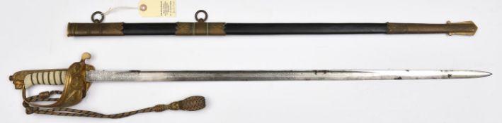 A Geo V R Naval officer's sword, straight fullered blade 31”, by Wilkinson Sword, etched in roped