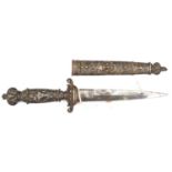 A 19th cent Romantic dagger, shallow diamond section blade 6¼”, darkened brass hilt and scabbard