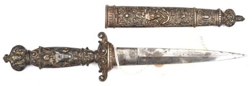 A 19th cent Romantic dagger, shallow diamond section blade 6¼”, darkened brass hilt and scabbard