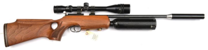 A .22” bolt action pre charged compressed air rifle, 40” overall including silencer, barrel 16½” (