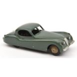 Dinky Toys Jaguar XK120 (157). In sage green with beige wheels and black rubber tyres. VGC very