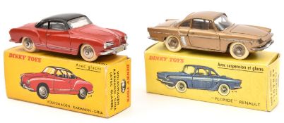 2 French Dinky Toys. A Volkswagen Karmann Ghia (24M) in red with black roof, ridged spun wheels
