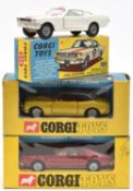 3x Corgi Toys. A Ford Mustang Fastback (325), in white with double red stripe and very pale blue