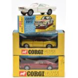 3x Corgi Toys. A Ford Mustang Fastback (325), in white with double red stripe and very pale blue
