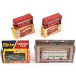 4 Dinky Toys. 2x Routemaster Double Deck Buses (289). Both in red L.T. livery, ESSO and Schweppes