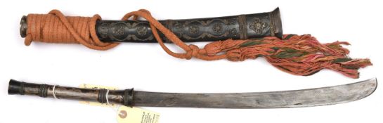 A Burmese shortsword dha, slightly curved SE blade 16”, swollen towards boat shaped (refinished)