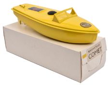 A very late issue Sutcliffe tinplate clockwork COMET speed boat. In bright yellow livery, complete