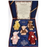 A scarce 1999 British Collector's wooden boxed set of 5 Steiff U.K. Baby Bears 1994-1998. A low
