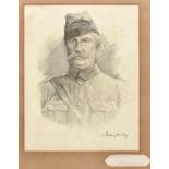 A signed pen, ink and wash head and shoulders portrait of General Buller, in sidecap and bush shirt,