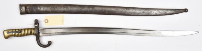 A Chassepot bayonet, blade marked “Mre Impale de Chatt Fevrier 1870” on backstrap, various stamps to