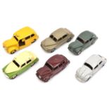 6 Dinky Toys. Hillman Minx in cream and light green. 2x Austin Devon in maroon and in sage green,