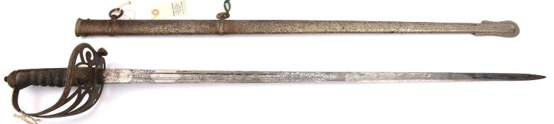 A Geo V Rifle Regt officer's sword, straight, plated blade 32½”, etched in ornamental panels, on one