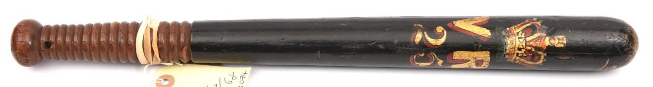 A William IV parish constable's slender black painted truncheon, with red and gilt crown, “WR”