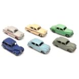 6 Dinky Toys. 2x Austin A105 - 1 in grey with red flash and wheels, the other in cream with blue