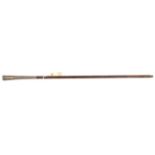 An imitation dark bamboo walking cane, the haft with painted rings, long flared Eastern silver grip,