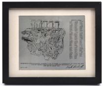 A framed steel(?) plate of a Cosworth v8 DFV engine. Showing a cutaway cross section through the