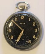 Recta pocket watch. Plated case, brushed finish on caseback, good condition, 48mm. Black dial pitted
