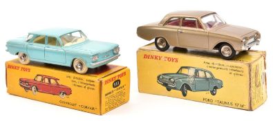 2 French Dinky Toys. Chevrolet Corvair (552) in turquoise with cream interior, dished spun wheels