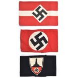3 Third Reich cloth armbands: black felt with applied woven badge of the NS Reichskriegerbund;
